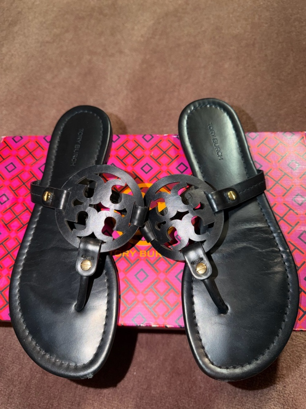 Tory Burch Black Leather Logo Cutout Thong Sandals
